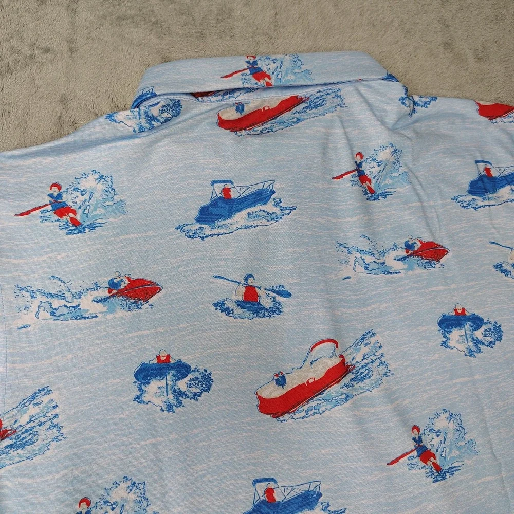 Waggle Lake Life Polo Shirt Mens 2XL Light Blue Boat Print Performance Stretch - Picture 8 of 11